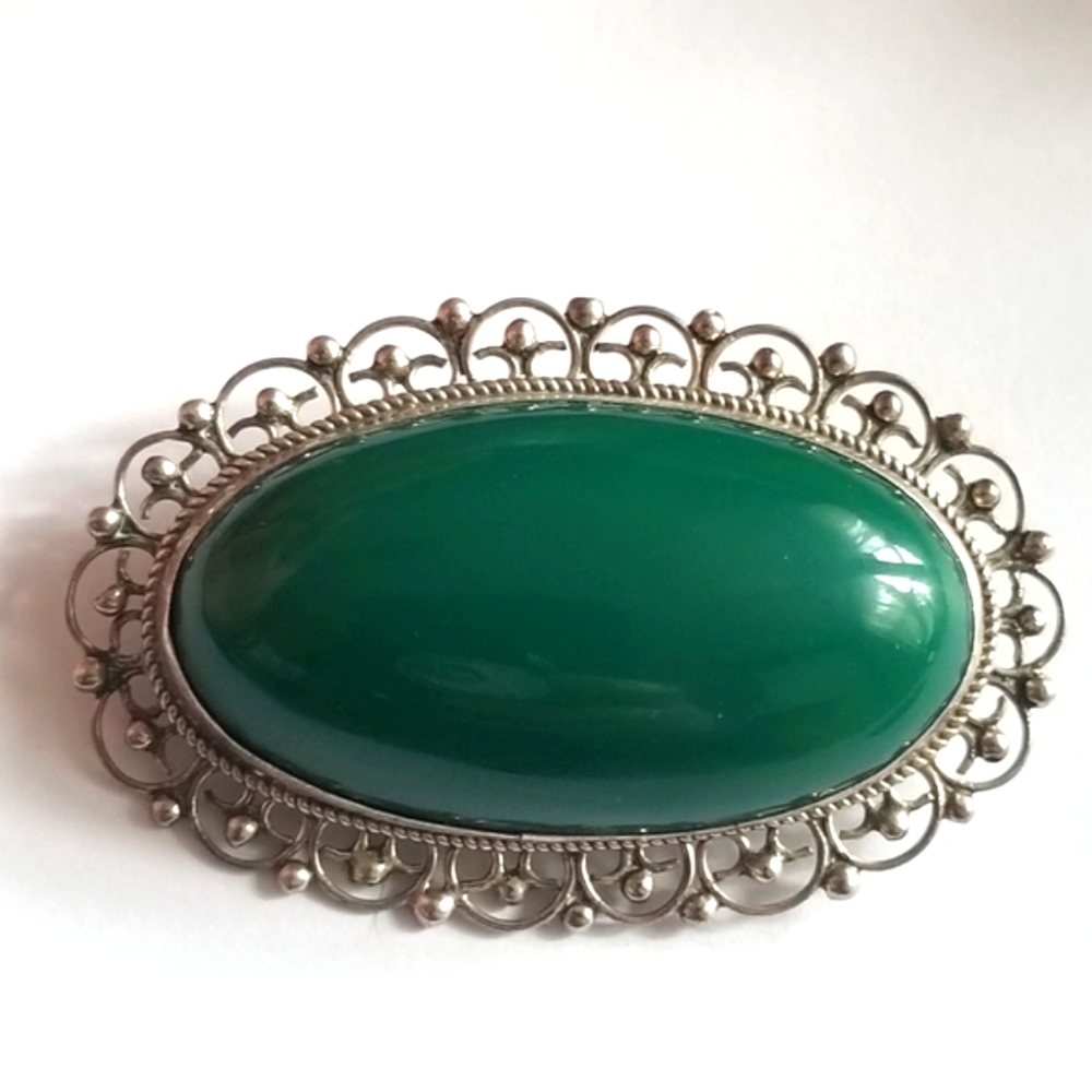 Vintage Mexican Silver brooch pin green cabochon